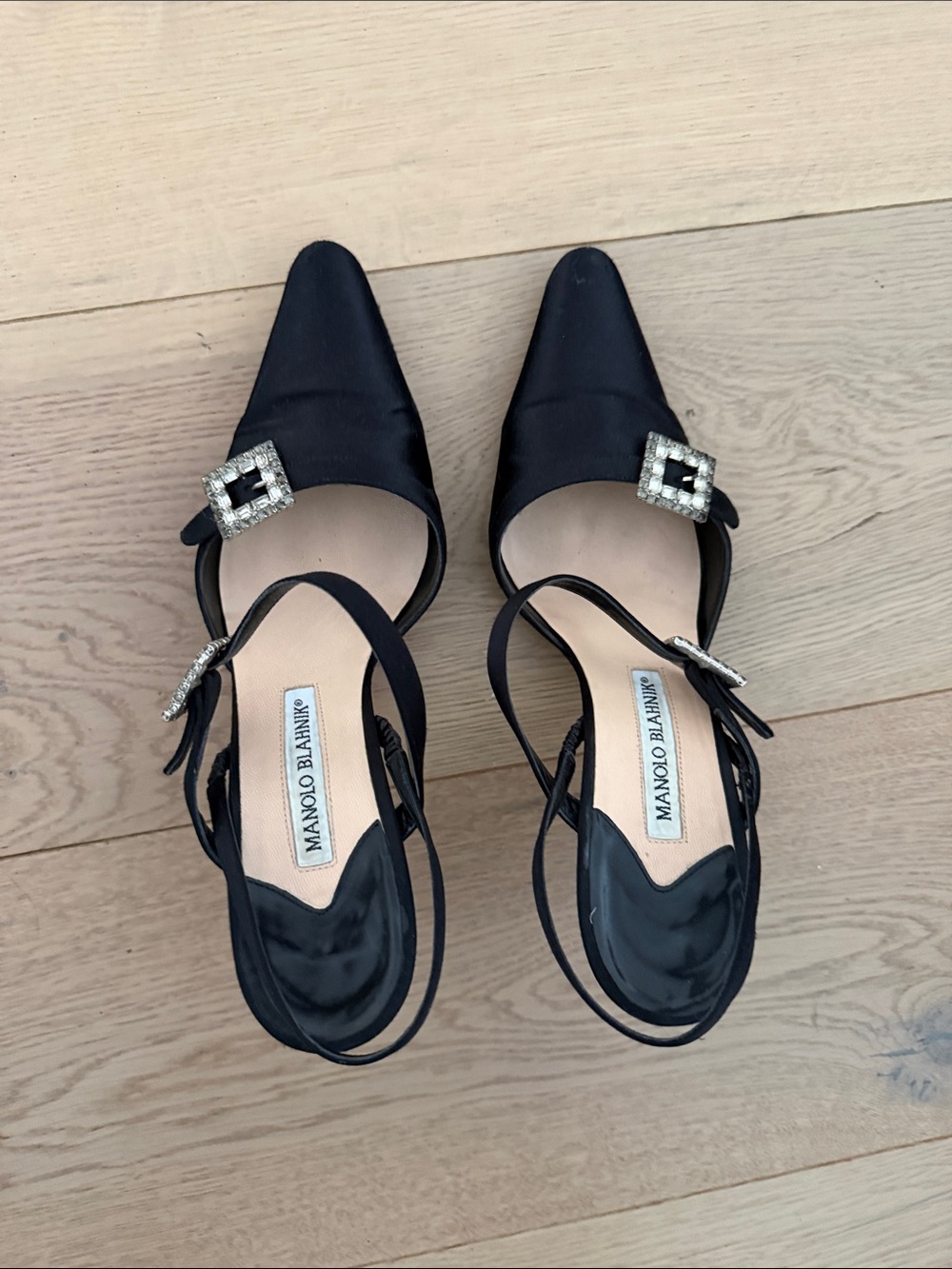 Manolo Blahnik Black Satin Pointed Slingback Heels with Crystal Buckles